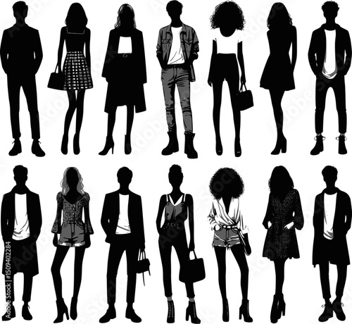Vector silhouettes men and women, illustrations isolated on white background. Silhouettes of young people posing in fashionable clothes. EPS 10 version.