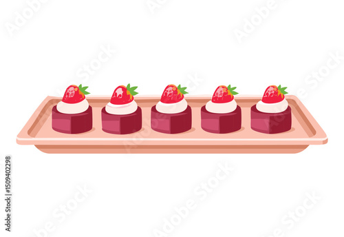  Mini cake with dried strawberry and cream on tray - vector illustration