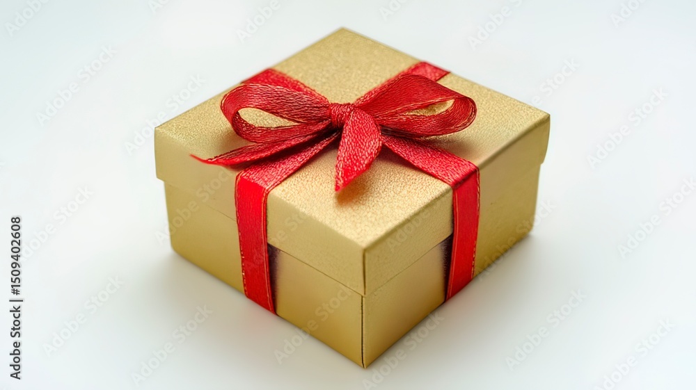 Obraz premium Golden gift box with red ribbon bow, symbolizing luxury and celebration 