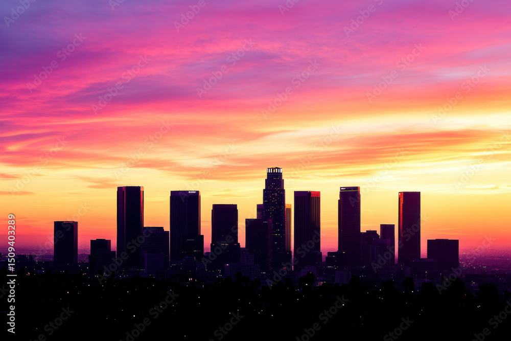 Los angeles skyline standing out against a vibrant sunset Los angeles skyline standing out against a vibrant sunset