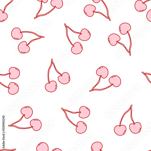 Seamless coquette pattern with pink cherries and red outlines on white background. Cute, flirty and romantic girly aesthetic. Ideal for fabric, wallpaper, wrapping paper prints. Vector illustration