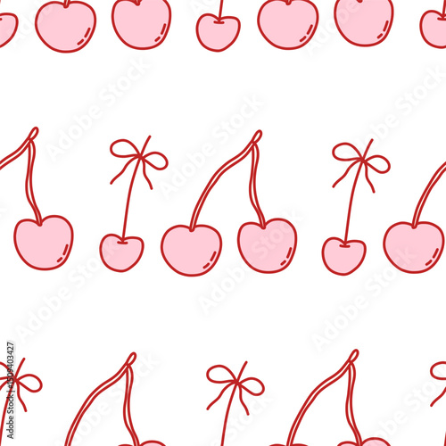 Seamless coquette pattern with pink cherries and red outlines on white background. Cute, flirty and romantic girly aesthetic. Ideal for fabric, wallpaper, wrapping paper, and prints. Vector art