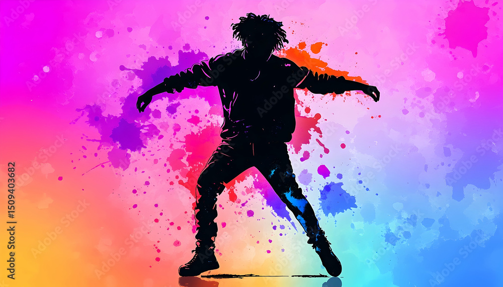 Naklejka premium Silhouette of figure dancing against vibrant splash of colors. A dynamic, energetic pose against a chaotic, painterly backdrop