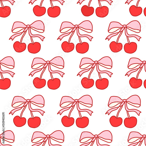 Coquette seamless pattern with pink cherries and red bows on white background. Cute and flirty hand-drawn design in romantic style. Perfect for textiles, wrapping paper, decor. Vector illustration
