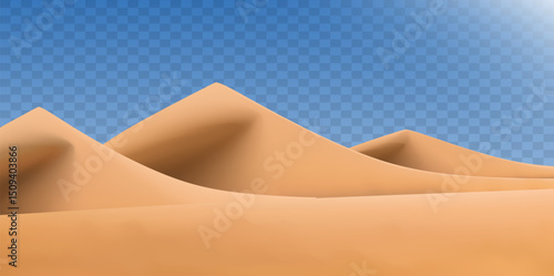 Realistic desert landscape isolated on transparent background. Sandy desert dunes. Vector