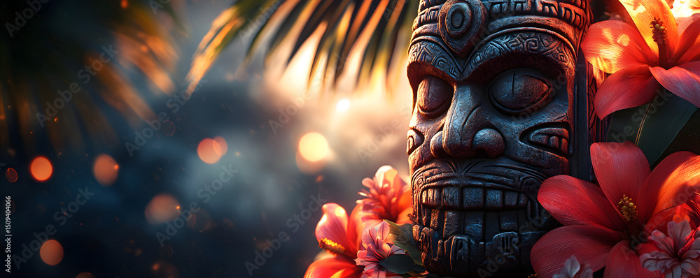 Fototapeta premium Tiki-themed tropical invitation frame with flowers and tribal carvings on a dark background