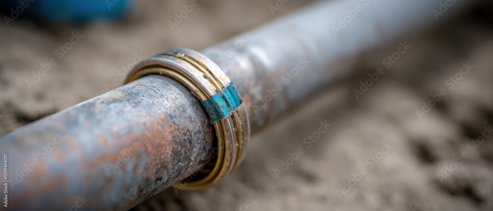 Closeup of weathered metal pipe with compression fitting, showcasing industrial plumbing and connection detail with signs of corrosion and aging Closeup of weathered metal pipe with compression fitting, showcasing industrial plumbing and connection detail with signs of corrosion and aging