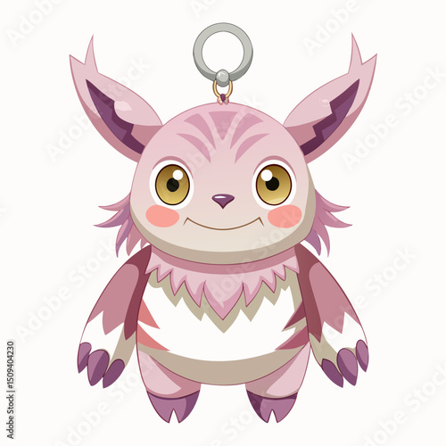 Monster pink color doll. Popular expensive children's Chinese toy keychain. Isolated vector illustration on white background