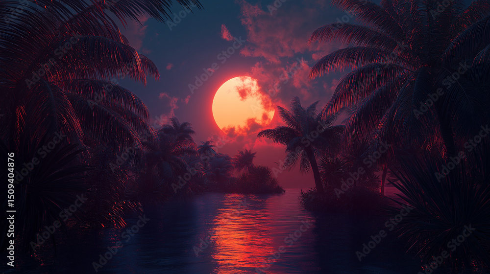 Obraz premium A serene view of the sea and palm trees at sunset, with reddish hues reflecting off the water and silhouetted palms swaying gently.