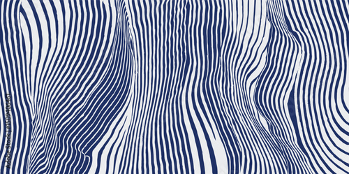 Distorted optical stripes abstract brush lines pattern, Japanese folk, ethnic hand drawn, block print texture background in white and blue, simple graphic for textile, carpet,