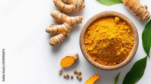 Golden Turmeric Powder in Close-Up on White Surface

