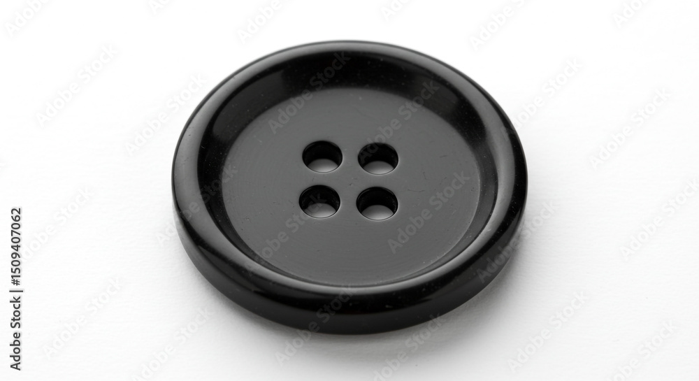 A single black four hole button isolated on a white background in a close up studio shot view top down A single black four hole button isolated on a white background in a close up studio shot view top down