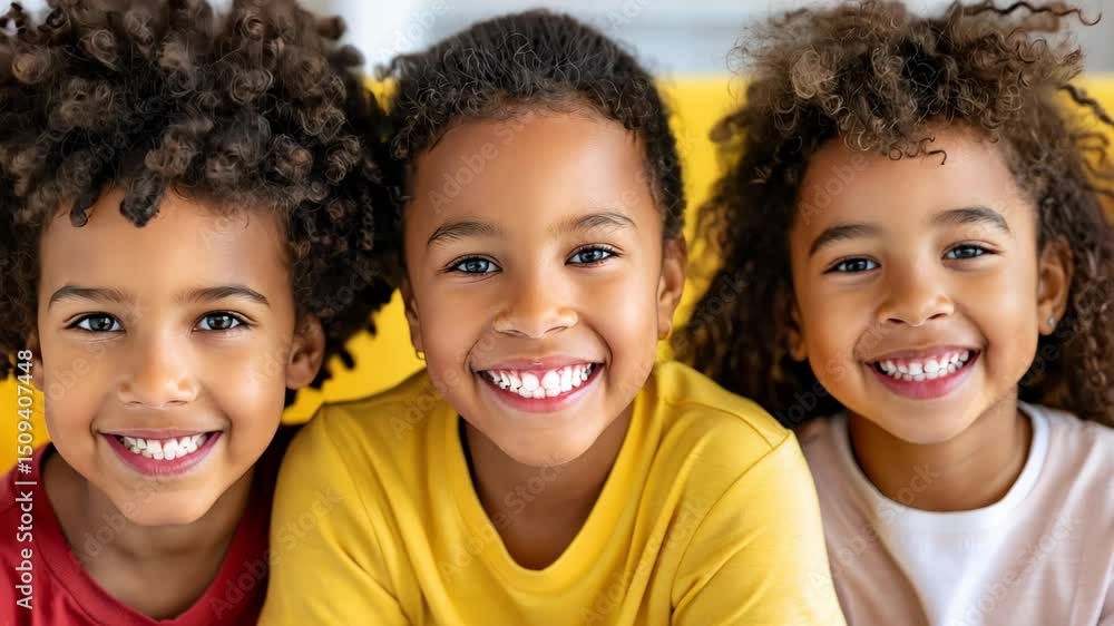 Radiant Smiles: A heart warming composition of three young children, their faces lit with genuine smiles, embodies innocence and happiness Radiant Smiles: A heart warming composition of three young children, their faces lit with genuine smiles, embodies innocence and happiness