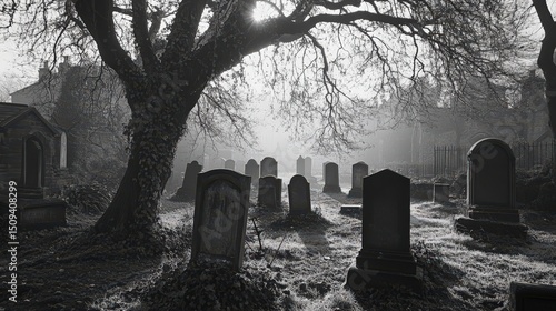 Mysterious graveyard at dusk with old gravestones and a looming tree casting shadows in a haunting black and white scene.