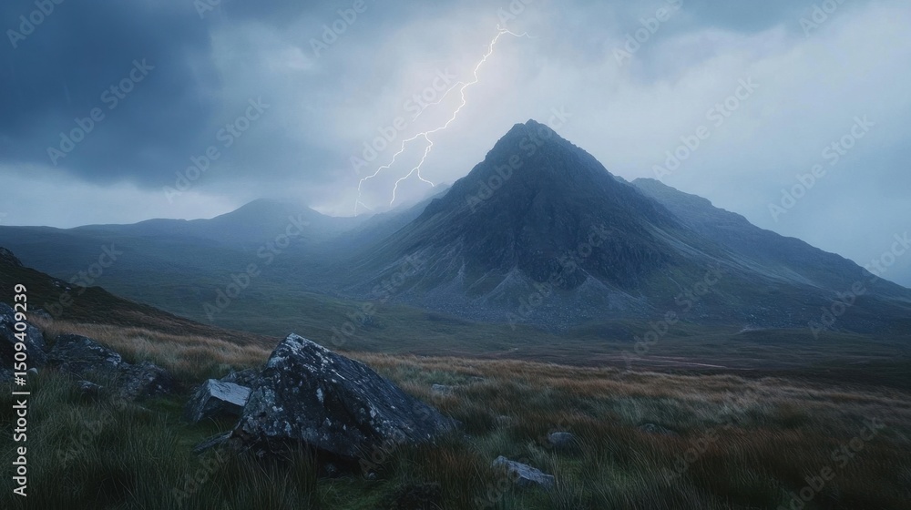 Naklejka premium Dramatic Mountain Landscape with Lightning and Dark Clouds