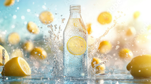 Refreshing Lemon Water Splash Bottle Mockup for Summer Drink


