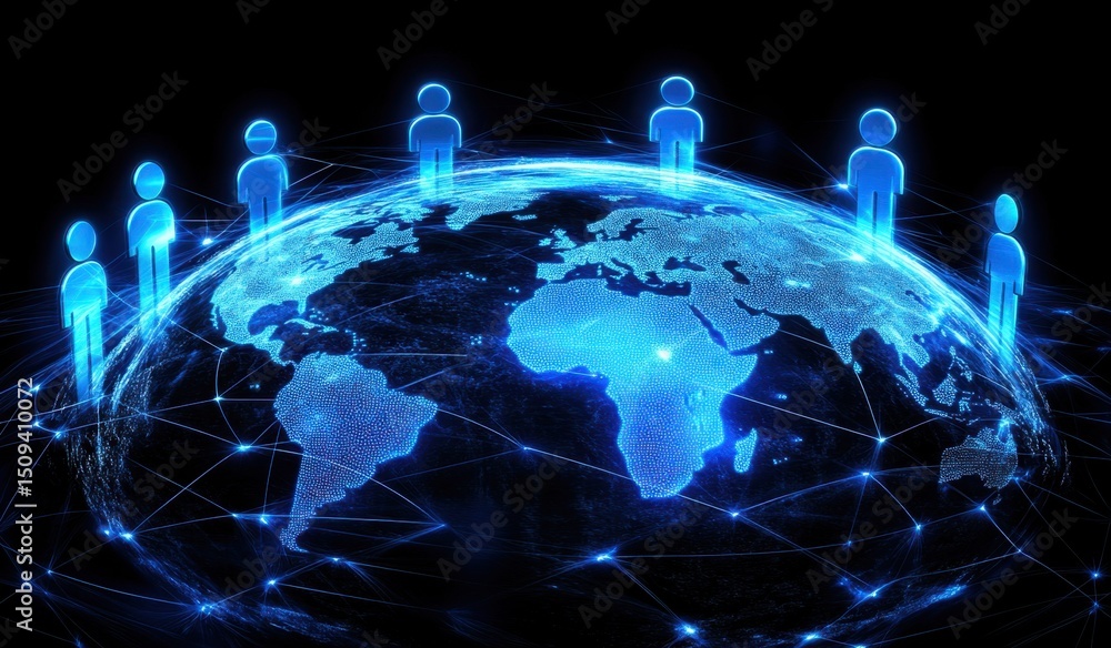 Fototapeta premium Abstract global network concept with a blue, glowing planet and human icons on a dark background, a business technology social media connection idea Generative AI