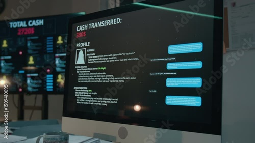 No people closeup of computer screen displaying victim profile with behavior notes, and running chat with fraudsters duping target into giving access code, and stealing money from bank account