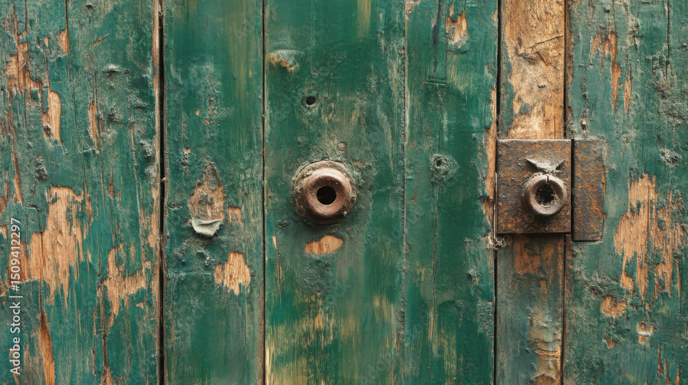 Fototapeta premium Worn Stories: Closeup of Green Wooden Wall with Scratches and Paint Residue