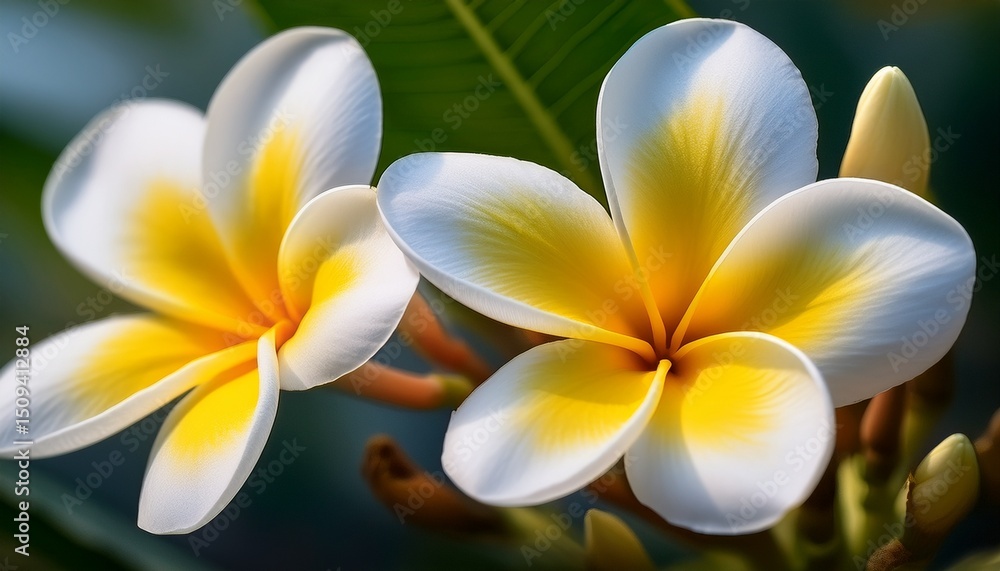 Naklejka premium close up of white and yellow plumeria flowers detailed petals tropical blossom macro photography high resolution nature image floral beauty
