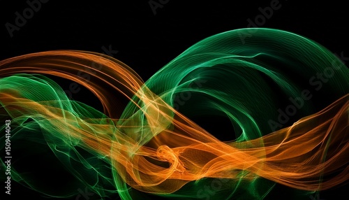 abstract green and orange smoke swirls on a black background representing energy motion creativity and the power of nature