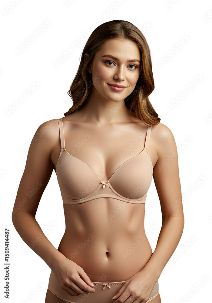 Fototapeta premium A woman in soft beige lingerie smiling, isolated