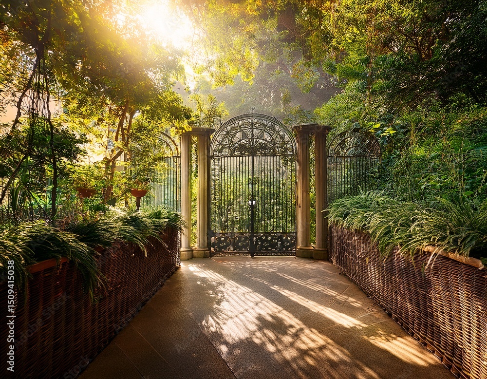Obraz premium lush greenery illuminated by sunlight filtering through a gated enclosure