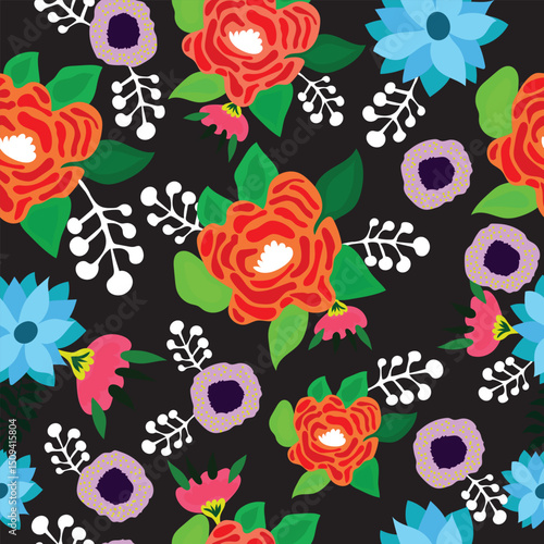 red roses, purple flowers with blue flowers floral seamless pattern. red roses, black background, colorful tulips, peonies, purple flowers vector seamless pattern. It is good for textile, fabric.