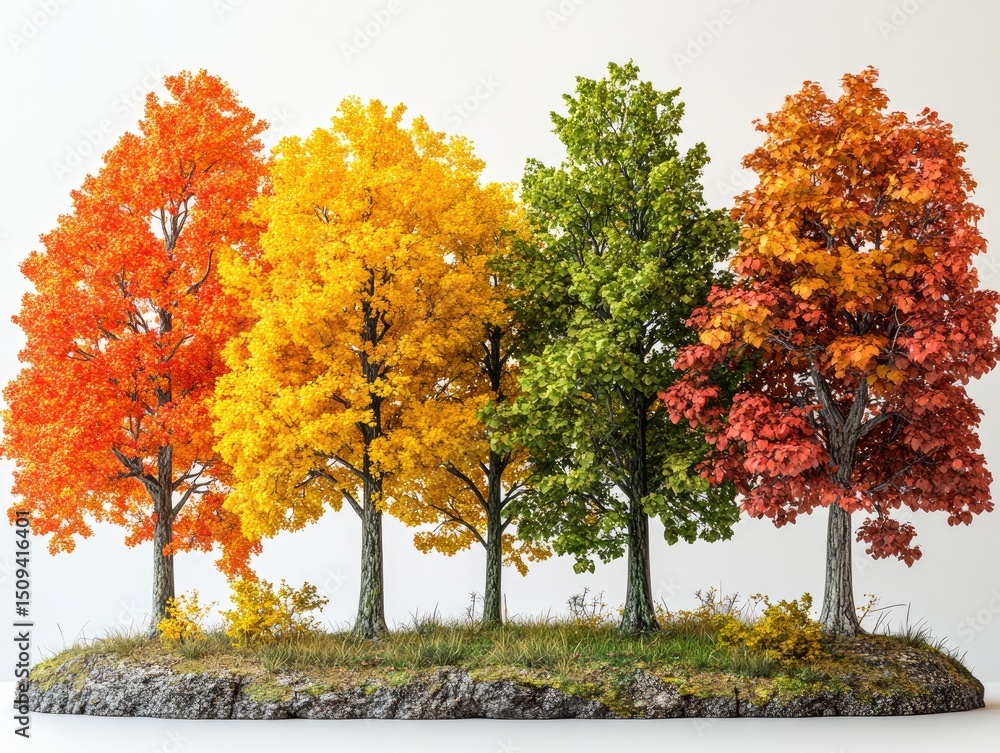 Naklejka premium Colorful autumn trees on a small grassy island against a bright white background