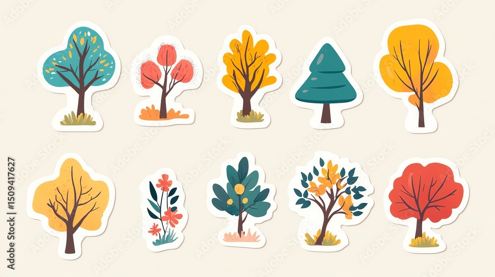 Obraz premium Cute Tree Stickers on Light Background