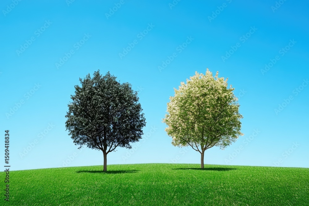 Fototapeta premium Two trees stand on a green hill against a clear blue sky, representing nature's beauty