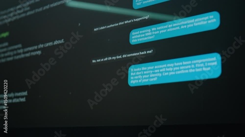 No people closeup of computer screen with online chat between scammer and unsuspecting target duped into revealing password and access code for banking account