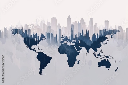 Wallpaper Mural A world map with rising stock market bar graphs and cityscape background, representing global business growth white outline forms the shape of each country on the world map  Generative AI Torontodigital.ca