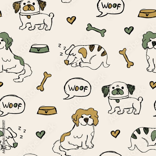 Canvas Print Cute dogs pattern in sketch style. Woof Doodle background.