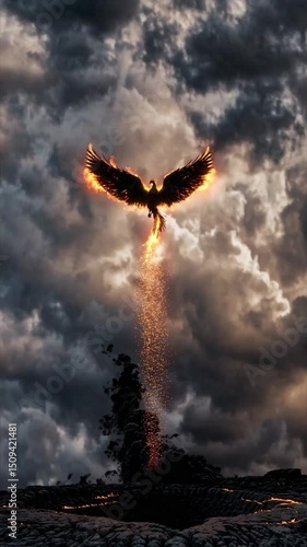 Fiery phoenix rising from the ground against a stormy sky concept of vertical videos  