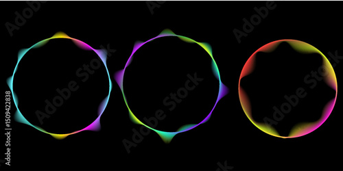 Neon color round frames with gradient effect. Abstract blurred rainbow light circles background. Colored bright blending wavy icons. Colorful geometric graphic vector set isolated on black.