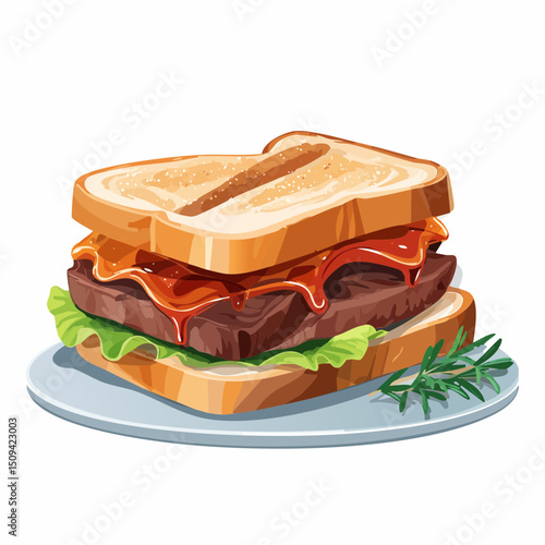 A mouthwatering steak sandwich with grilled meat and rich toppings, shown in a crisp, photo-inspired vector style.