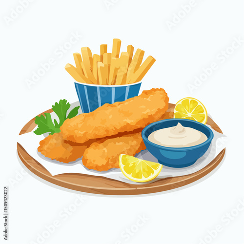 A classic pub fish and chips dish, illustrated with crispy textures and clean lighting in a photo-real vector style.