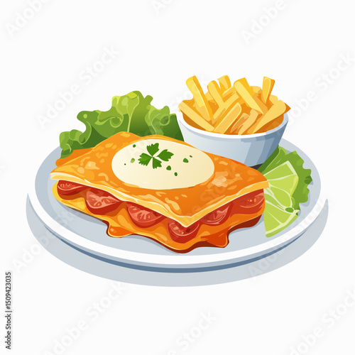 A hearty chicken parm served with sides, drawn in a warm and realistic vector style perfect for pub menus.