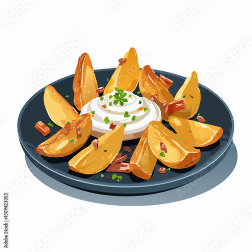 Loaded potato wedges with gooey toppings, captured in a clean, savory vector style perfect for modern food designs.