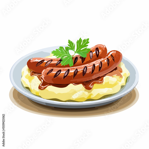 Classic pub-style sausages and mash with rich gravy, styled with warm colors and soft, clean vector shading.