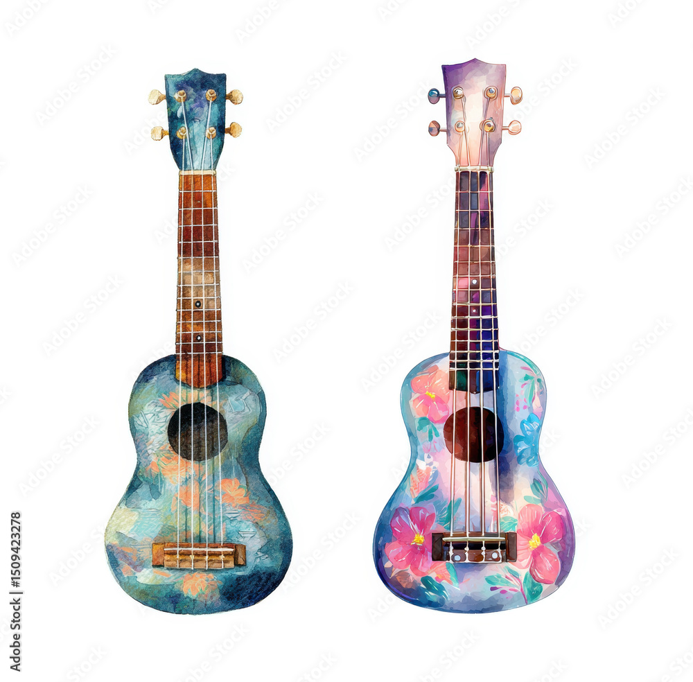 Obraz premium Hawaiian ukulele, Hawaii, watercolor clipart illustration with isolated background.