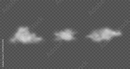 Realistic white cotton clouds, floating smoke, mist. Set of vector semi transparent steam clouds isolated on transparent background