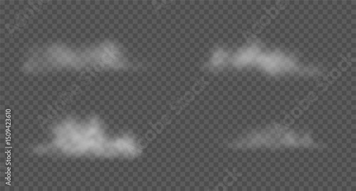 3d white cotton clouds, floating smoke, mist. Vector illustration. Set of various semi transparent steam clouds, haze isolated on transparent background