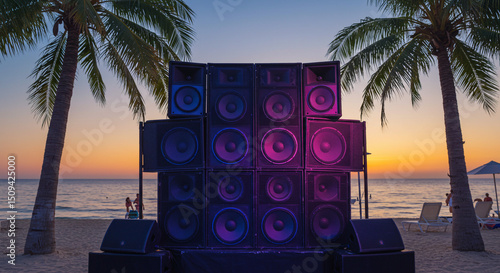 Fototapeta Naklejka Na Ścianę i Meble -  Large speakers on a beach with palm trees and a sunset in the background creating a vibrant scene