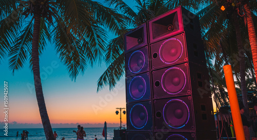 Fototapeta Naklejka Na Ścianę i Meble -  Large sound system speakers stacked high on a beach with palm trees at sunset creating a vibrant scene