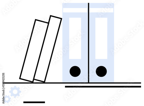 Two upright file binders paired with slanted books on a desktop. Ideal for office organization, study space, data storage, documentation, minimal workspaces, productivity, simple landing page
