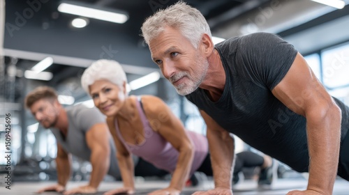 A group of three adults, including a senior man and woman, perform push-ups in a spacious, well-lit gym. The atmosphere is energetic and focused, promoting health and fitness