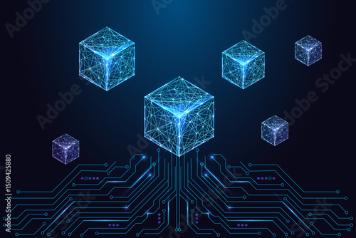 Floating digital cubes above circuit board, blockchain data, decentralized technology vector
