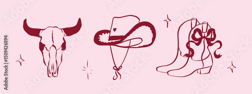 Cowgirl and cowboy set in hand drawn coquette style. Retro whimsical symbols for bachelorette and girls birthday party. Trendy and cute art for holidays banner. Doodle vector illustration